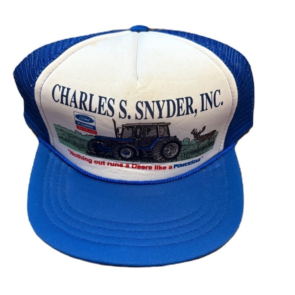 Vintage New Holland Tractor SnapBack Trucker Hat K Products 90s Ford Blue Whige